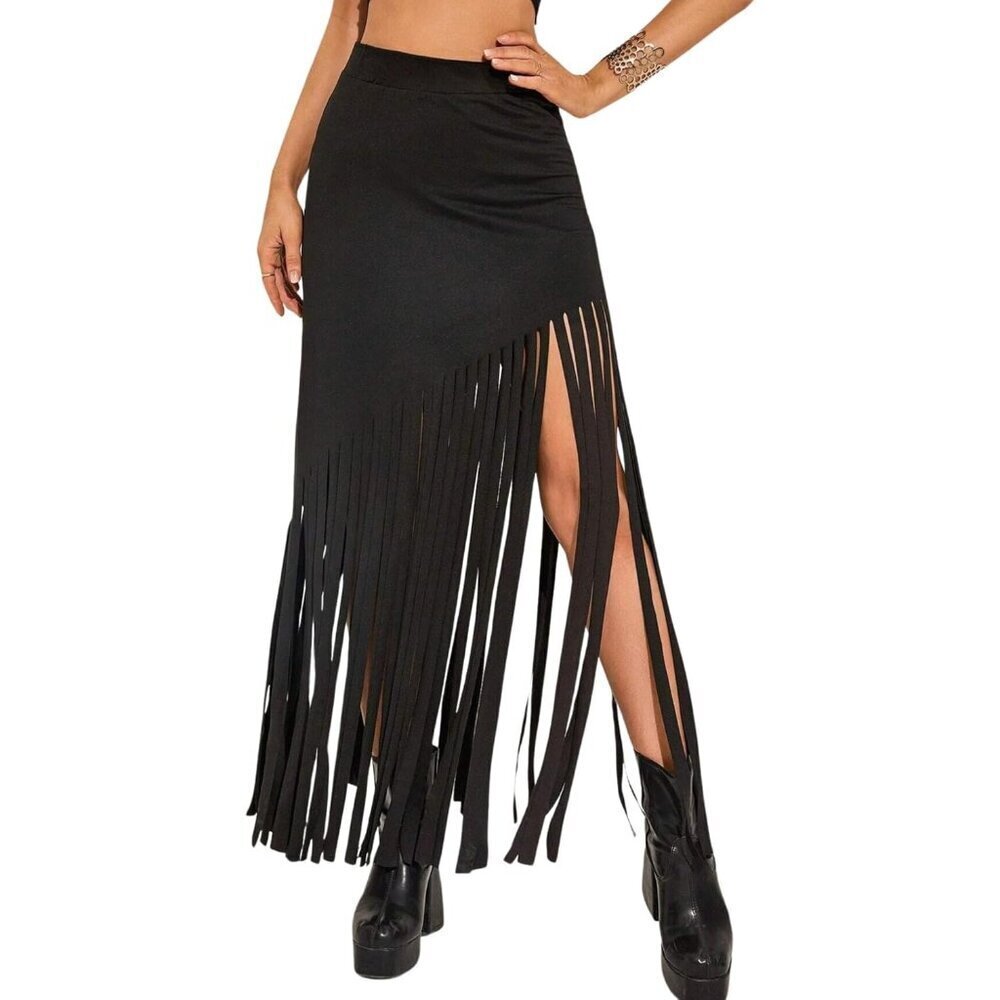 Women's Black Cowgirl Fringe Maxi Skirts Tassel High Waist Long Pencil Skirt